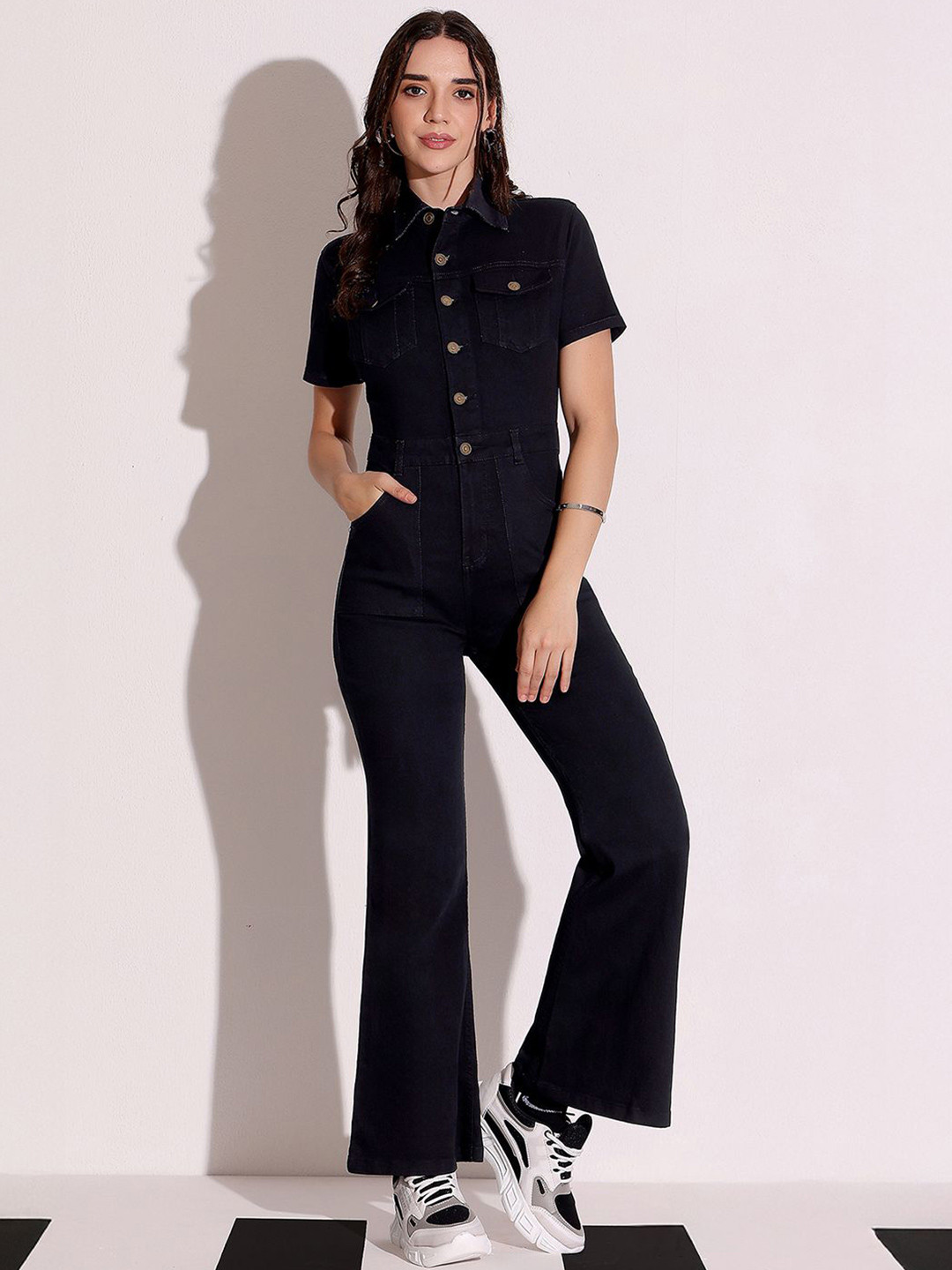 DOLCE CRUDO Women's Flared High Rise Regular Stretchable Denim Jumpsuit