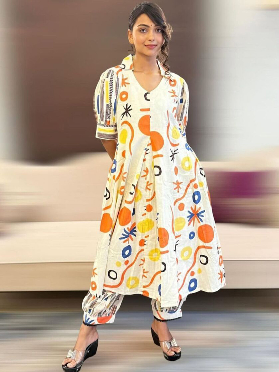 NEE DESIGNSS Women Pure Cotton V-Neck Top With Trousers Co-Ord