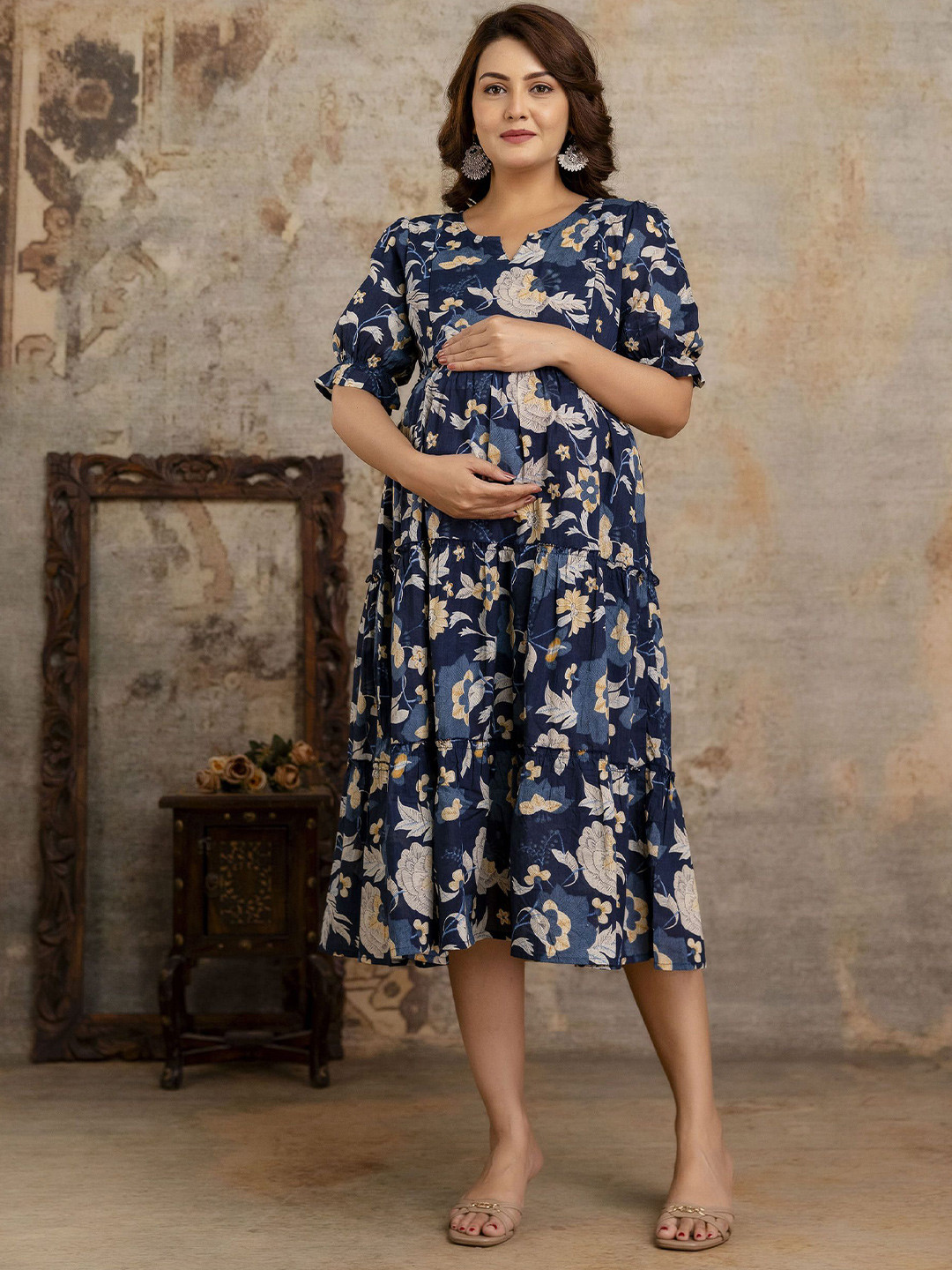 VARICOS Floral Printed Notch Neck Cotton A-Line Maternity Dress