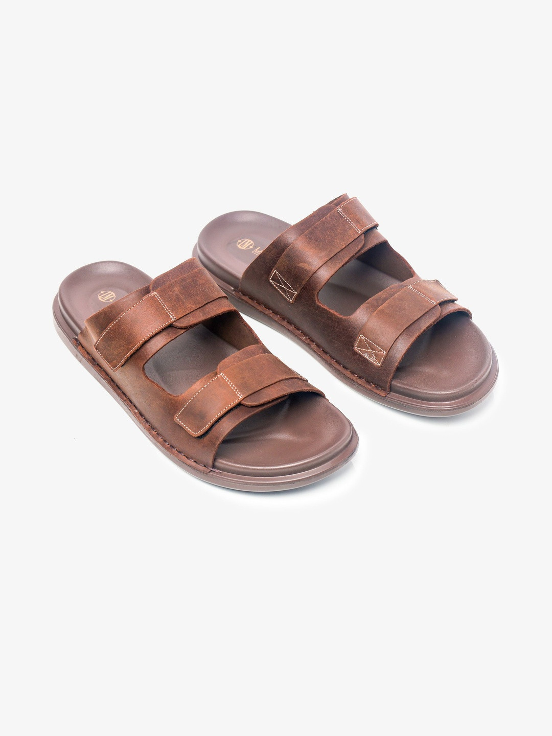 LA MARCA Men Brown Open Toe Velcro Leather Comfort Sandals