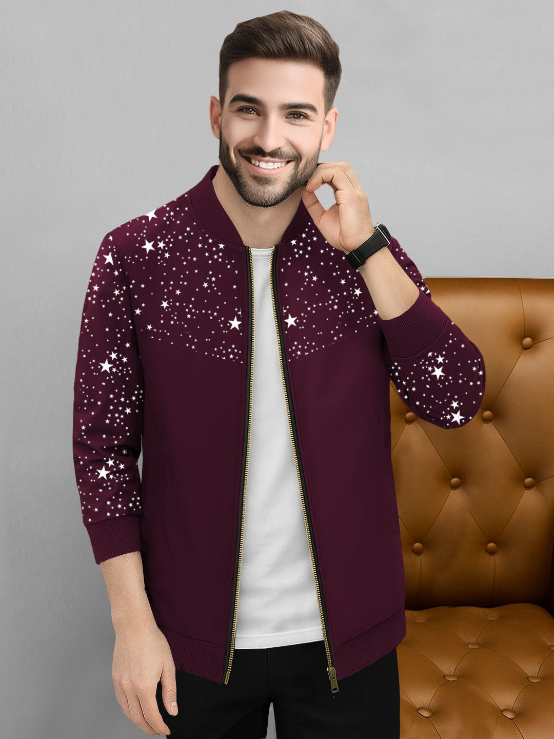 TRIPR Men Purple Star Graphic Bomber Jacket