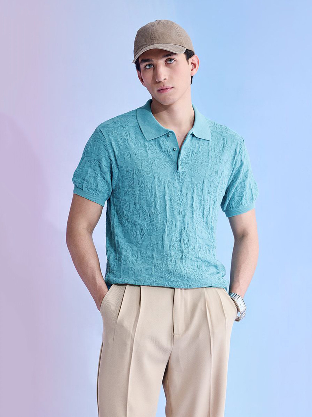 Snitch Utopia Relaxed Fit Jacquard Knitted Polo T-Shirt