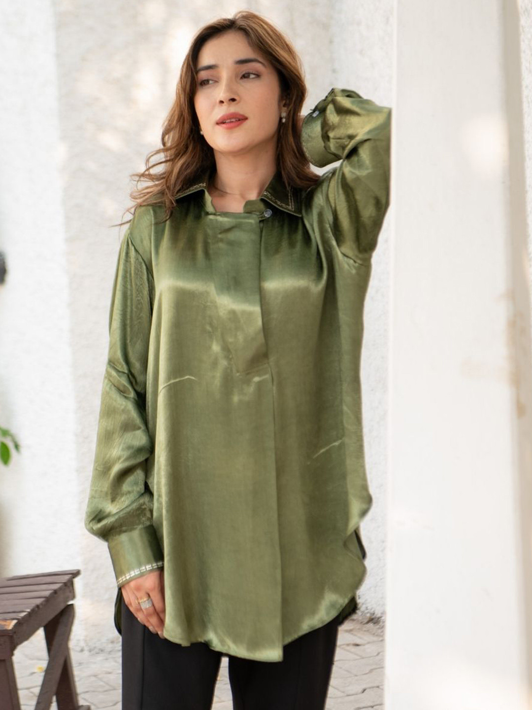 OCTOBER Sage Silver Back Pleat Mashru Shirt