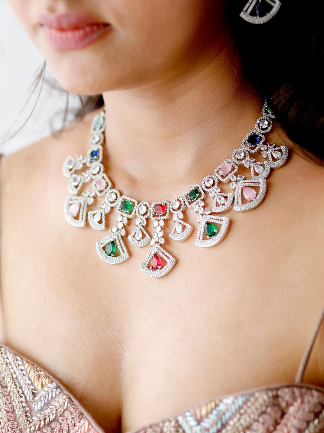 Zoki Sterling Silver Silver-Plated American Diamond Studded Statement Necklace