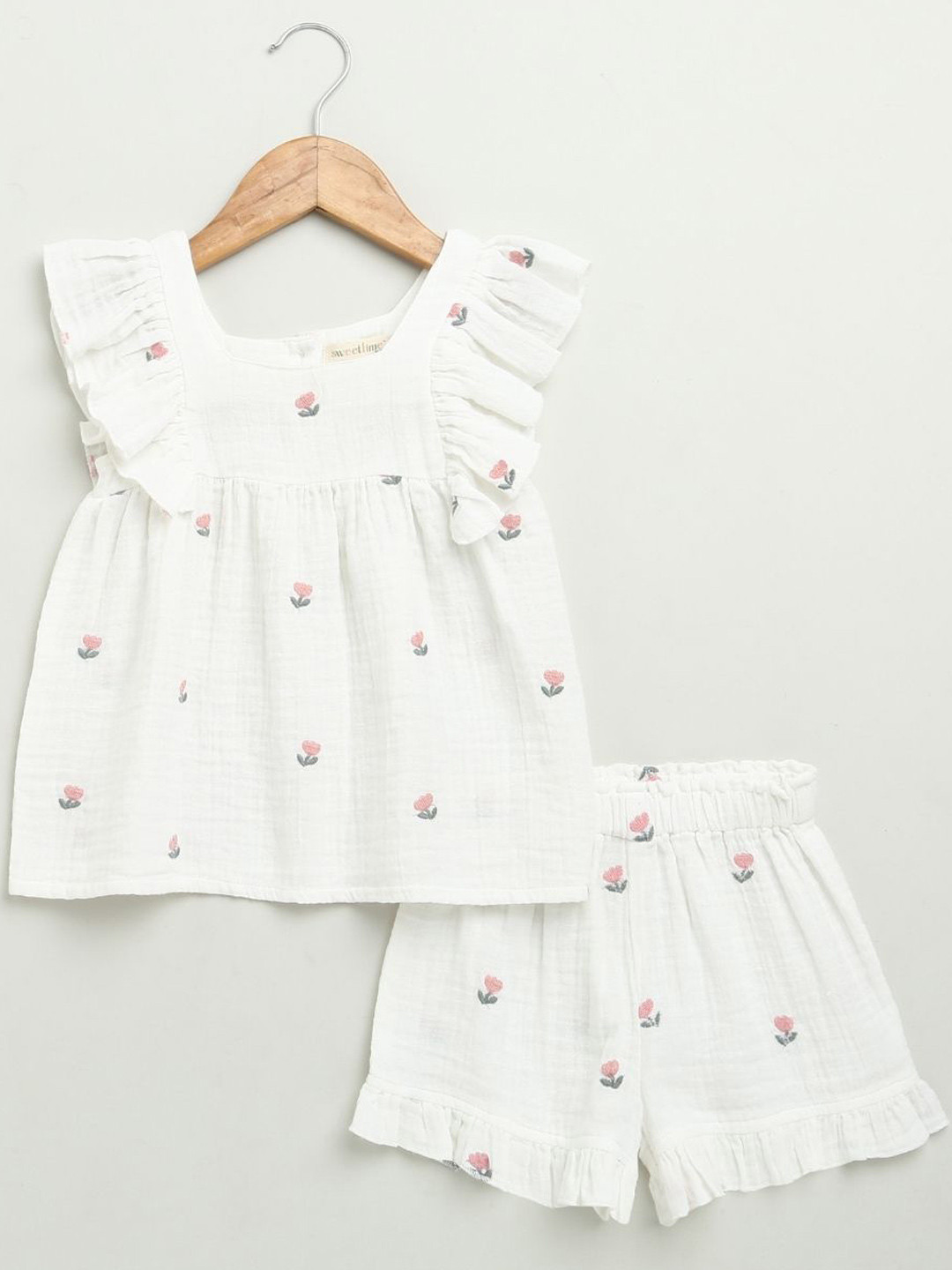 Sweetlime By AS Girls Floral Embroidered Ruffle Organic Cotton Top With Shorts