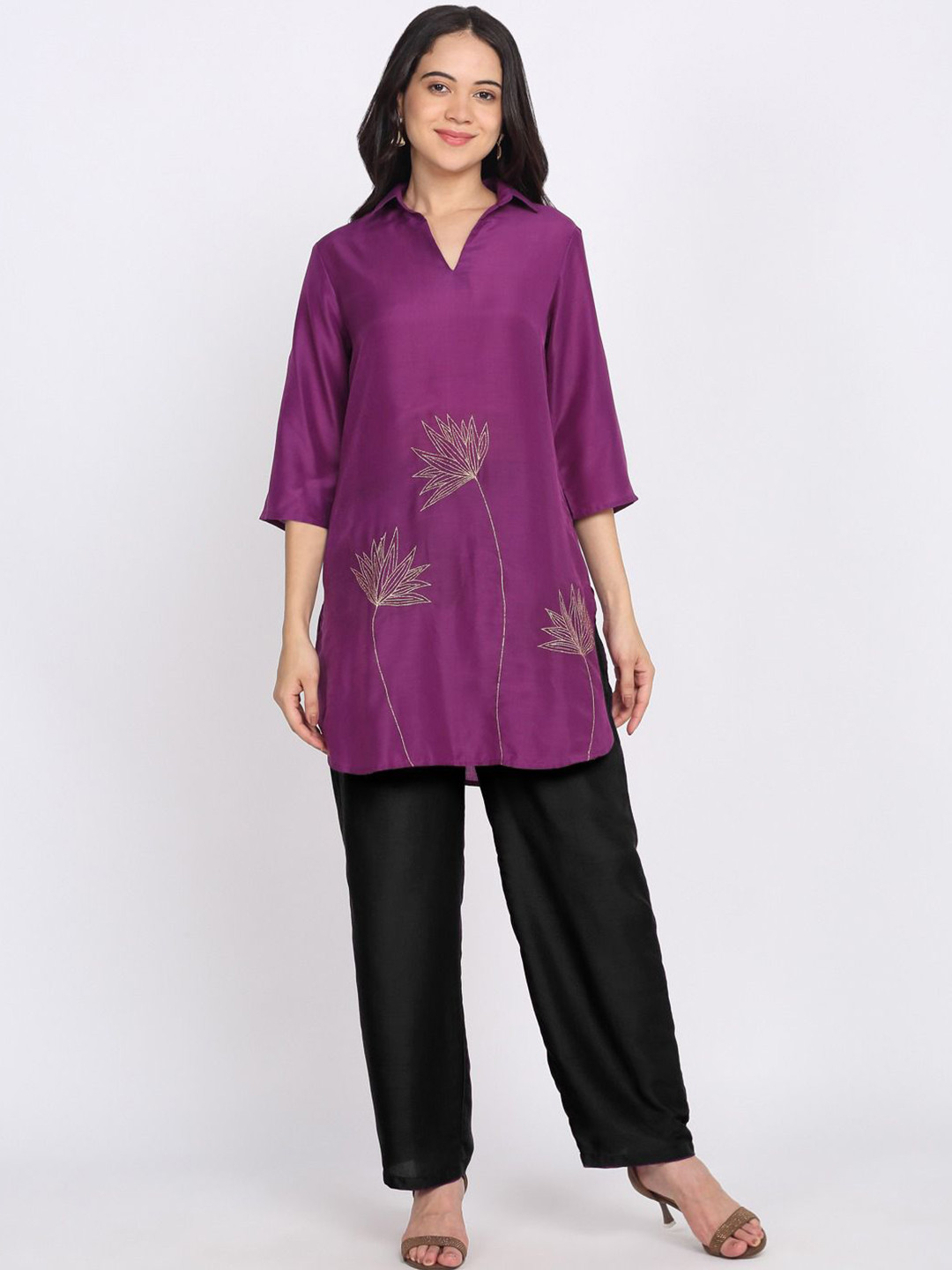 SHAYE Women Shirt Collar Purple Embroidered Three-Quarter Sleeves Ethnic Kurtis