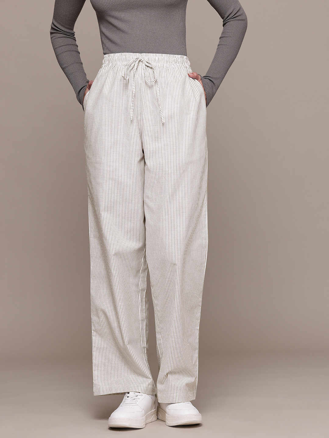 Popnetic Women Striped Cotton-Linen Wide Leg Trousers