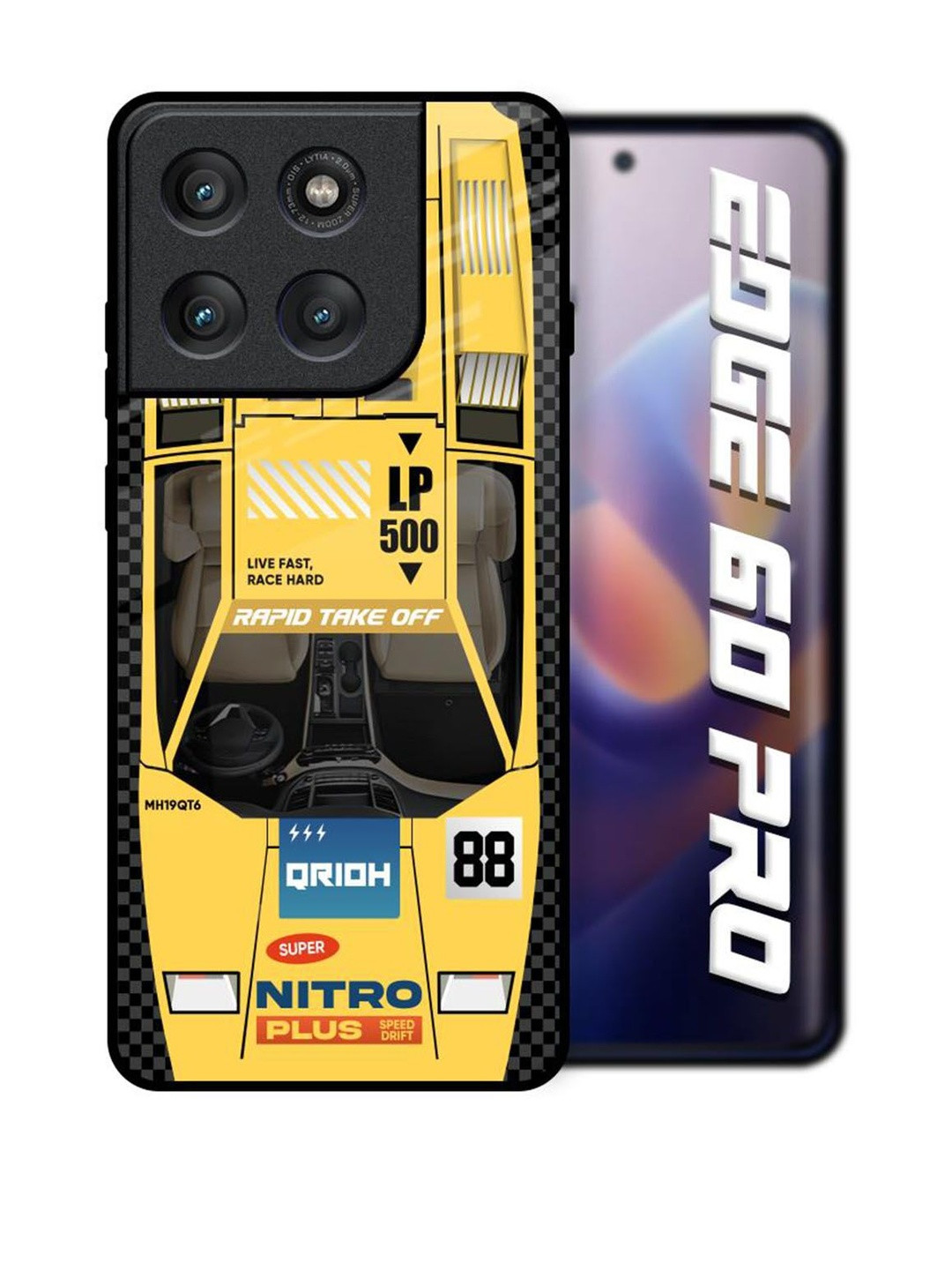 QRIOH Yellow Racing Car Printed Glass Back Case for Motorola Edge 60 Pro