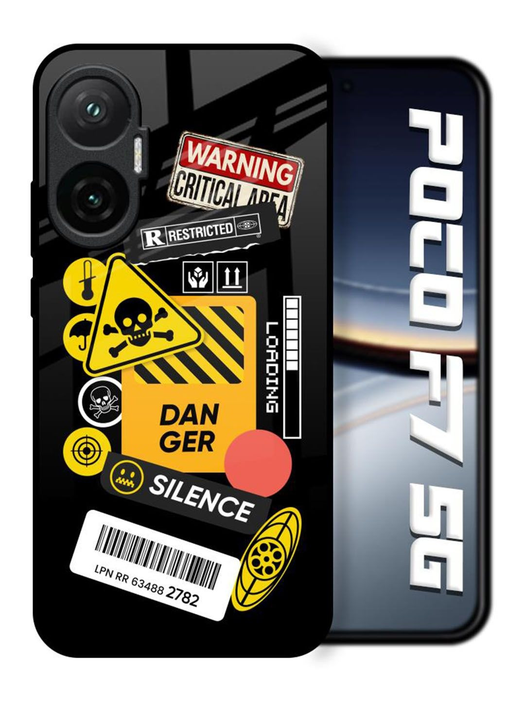 QRIOH Danger Signs Printed Poco F7 5G Glass Back Case Mobile Accessories