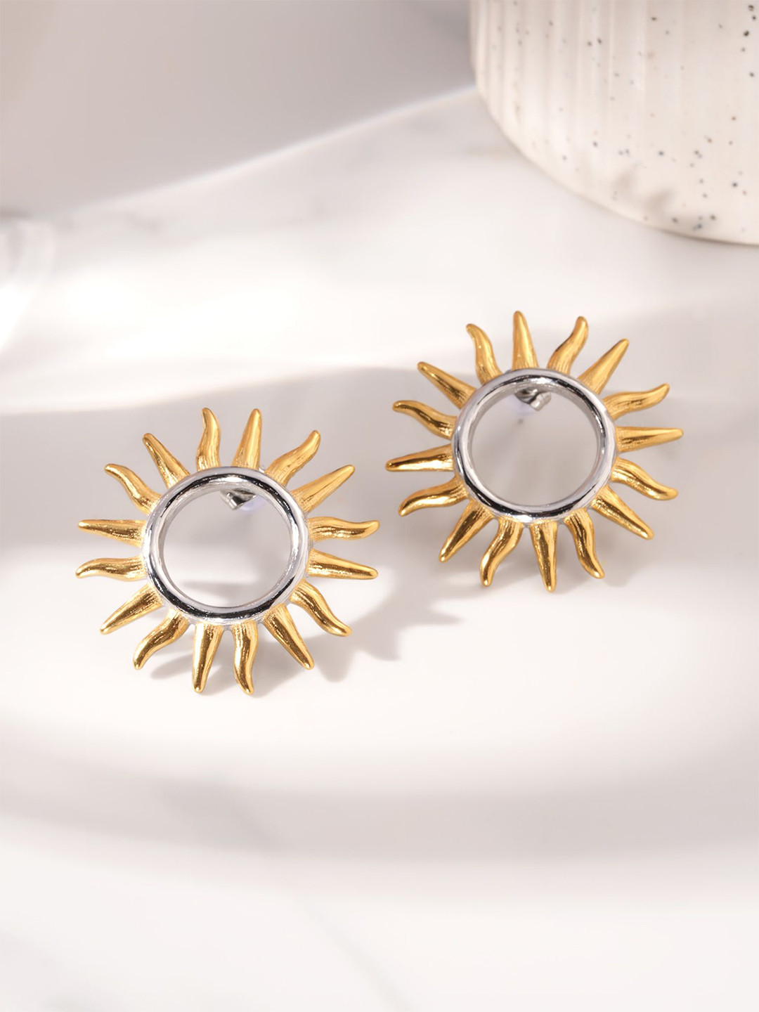PALMONAS Gold-Plated Stainless Steel Sun Shaped Studs Earrings