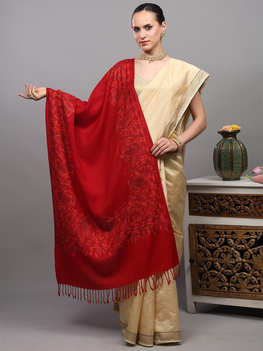 Exotic India Amritsar Floral Aari Embroidered Beads And Stone Woollen Stole