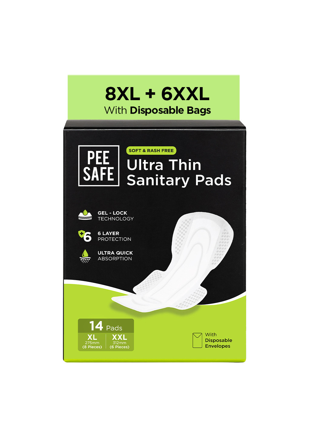 PEESAFE Ultra Thin Leakproof Rashfree Sanitary Pads With Dual Wings - 14 Pads- XL & XXL