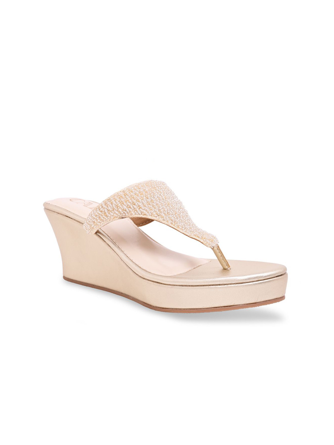 CAI Women Gold Embellished Beaded Thong Open Toe Wedge Sandals