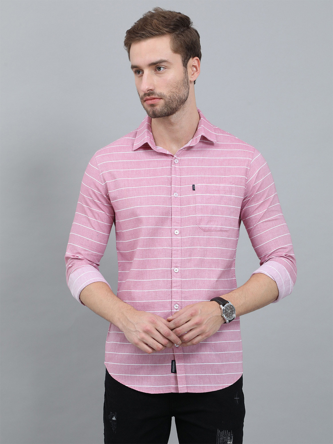 Rope Horizontal Striped Spread Collar Pure Cotton Slim Fit Shirt