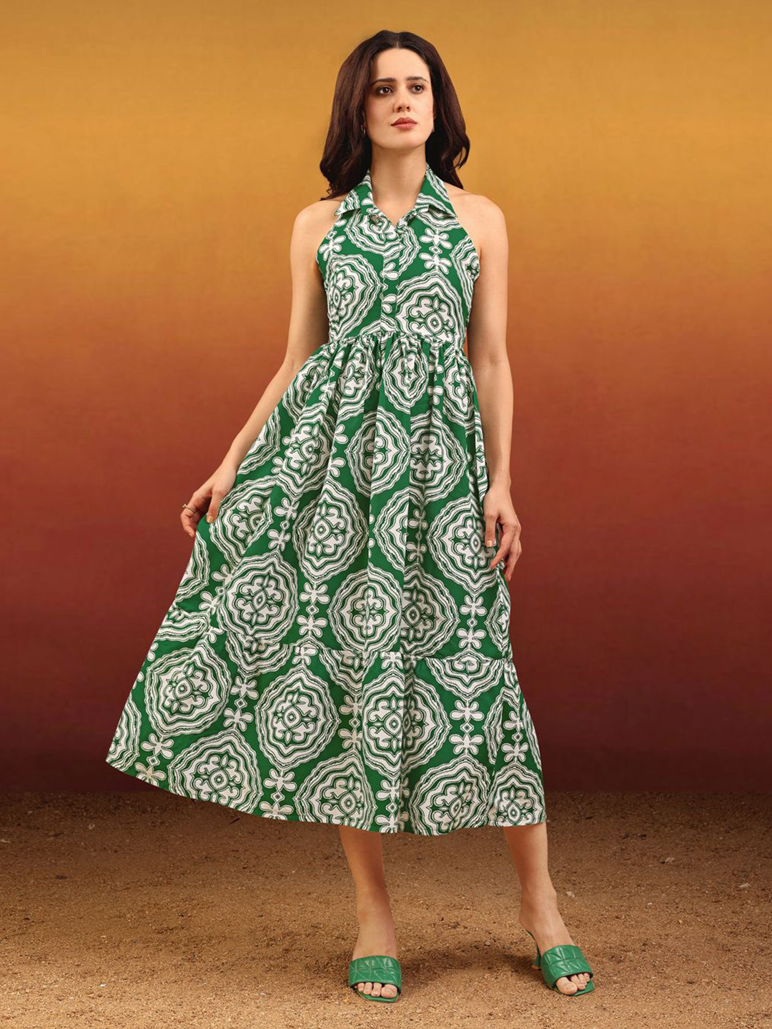OBSHIVKA Women Ethnic Motifs Printed Shirt Collar Backless Fit and Flare Maxi Dress
