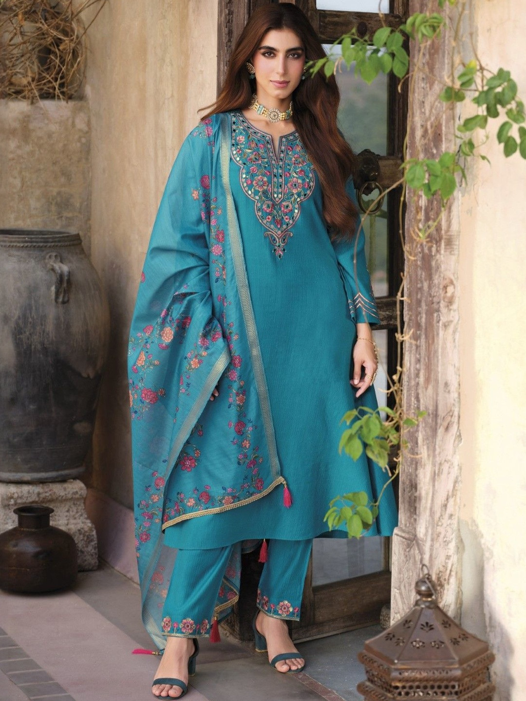 AUTUMN LANE Falaknama Floral Yoke Design Pure Cotton Kurta With Trousers & Dupatta