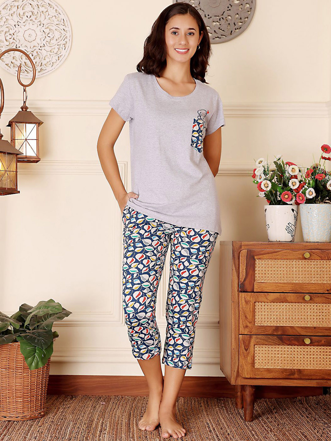 Bodycare Women Cotton Printed T shirt & Capri Night suit