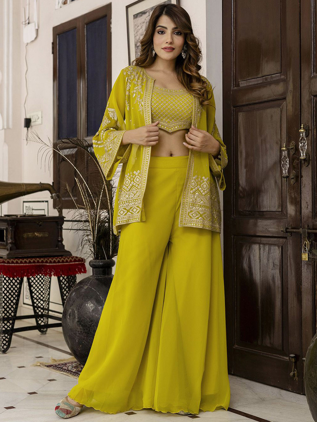 Trendmalls Women Ethnic Georgette Embellished Crop Top with Flared Palazzo and Shrug Set