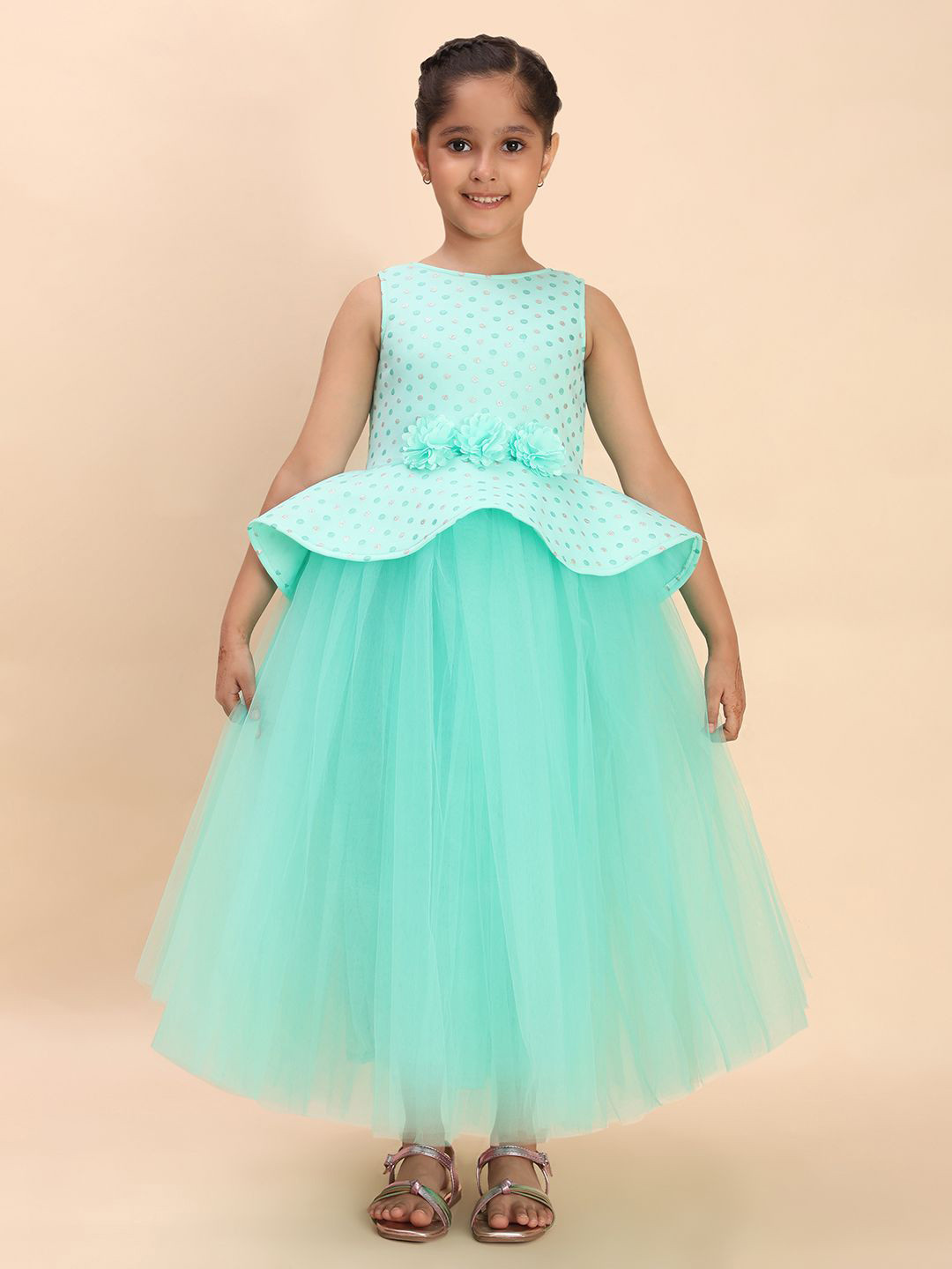 Toy Balloon kids Girls Self Design Sleeveless Cotton Fit & Flare Maxi Dress With Applique