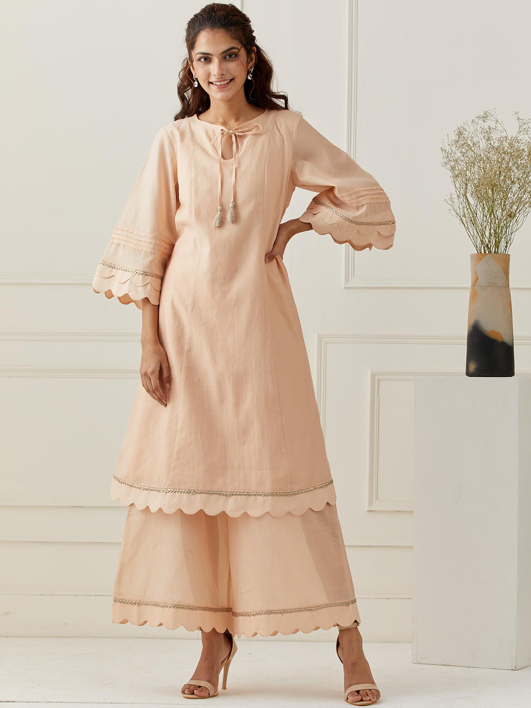 GRASS & SUNSHINE Tie-Up Neck Zari Chanderi Cotton Straight Kurta & Palazzos With Dupatta