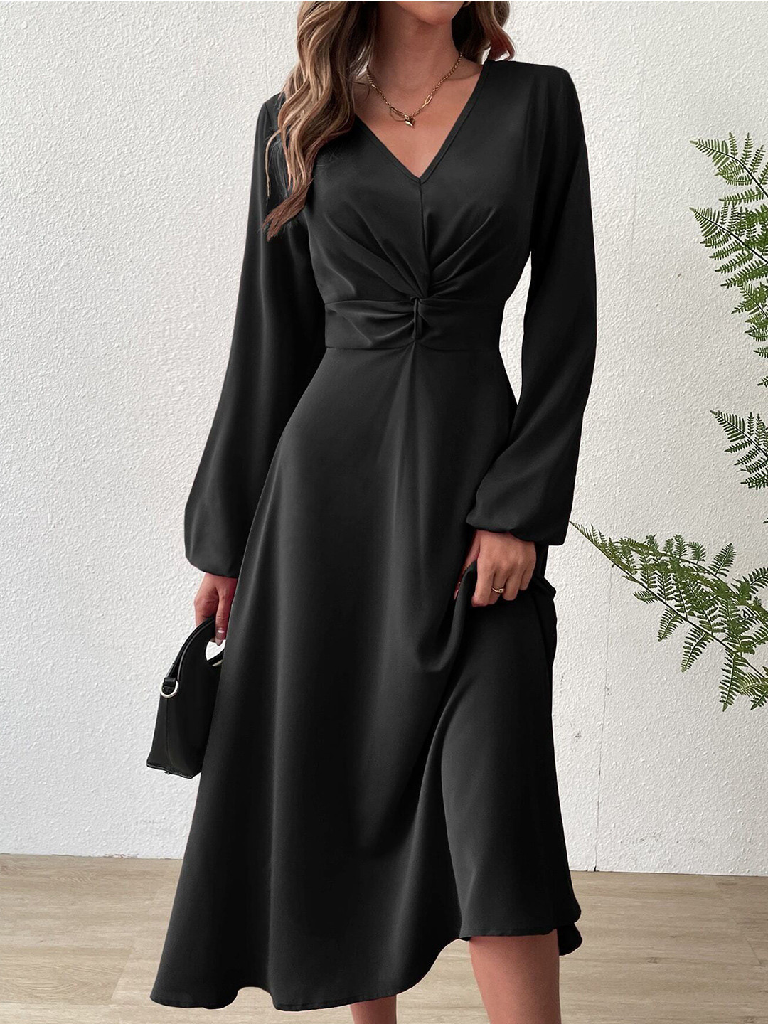 Outzidr Women V-Neck Full Sleeved Ruched Fit & Flare Midi Dress
