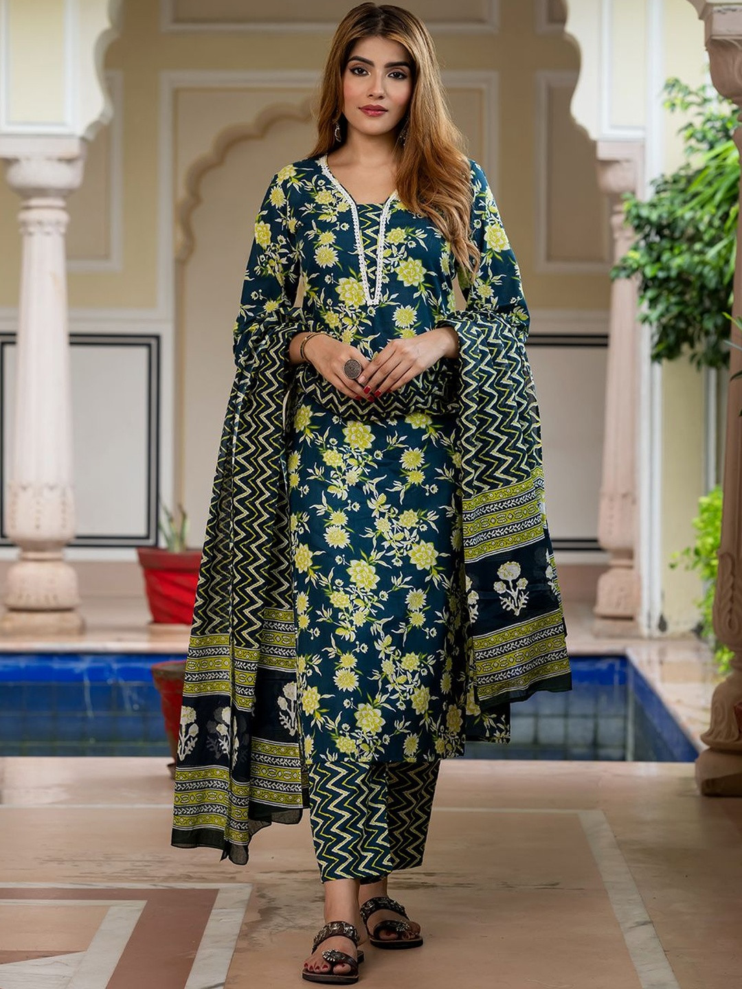 Kalini Women Teal Blue Pure Cotton Straight Kurta & Bottom With Dupatta