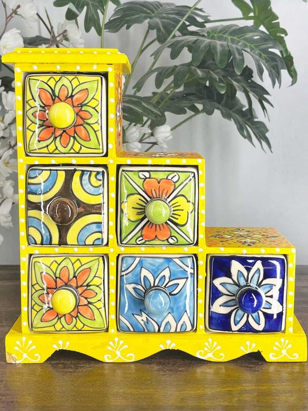 DIWAM HANDICRAFTS Yellow Printed Wooden and Ceramic Decorative Storage Box