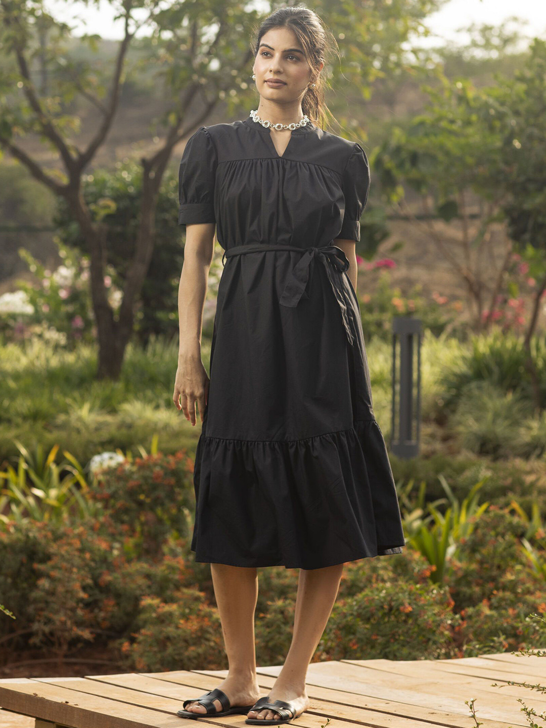 ELEVEN.O.ONE Women Belted Fit and Flare Midi Dress
