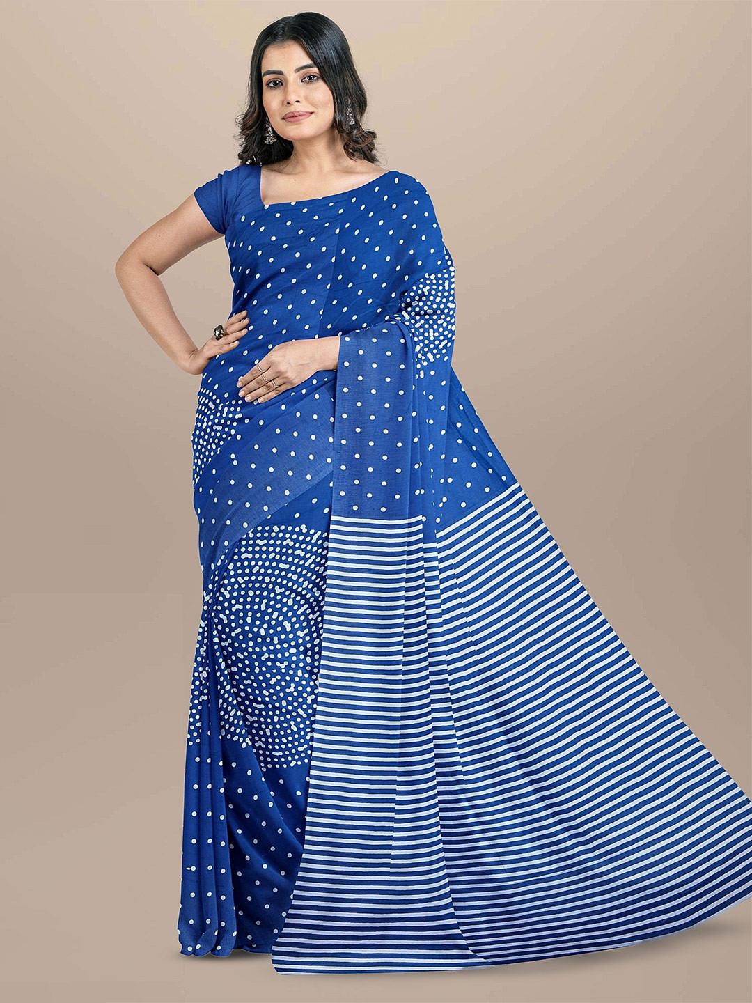Craft Musium Polka Dot  Hand Block Printed Pure Cotton Saree