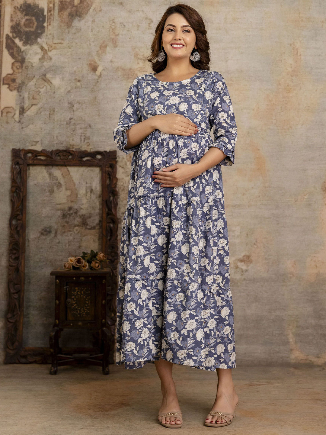 VARICOS Pure Cotton Printed Pregnancy Wear Maternity Maxi Dress With Nursing Zipper