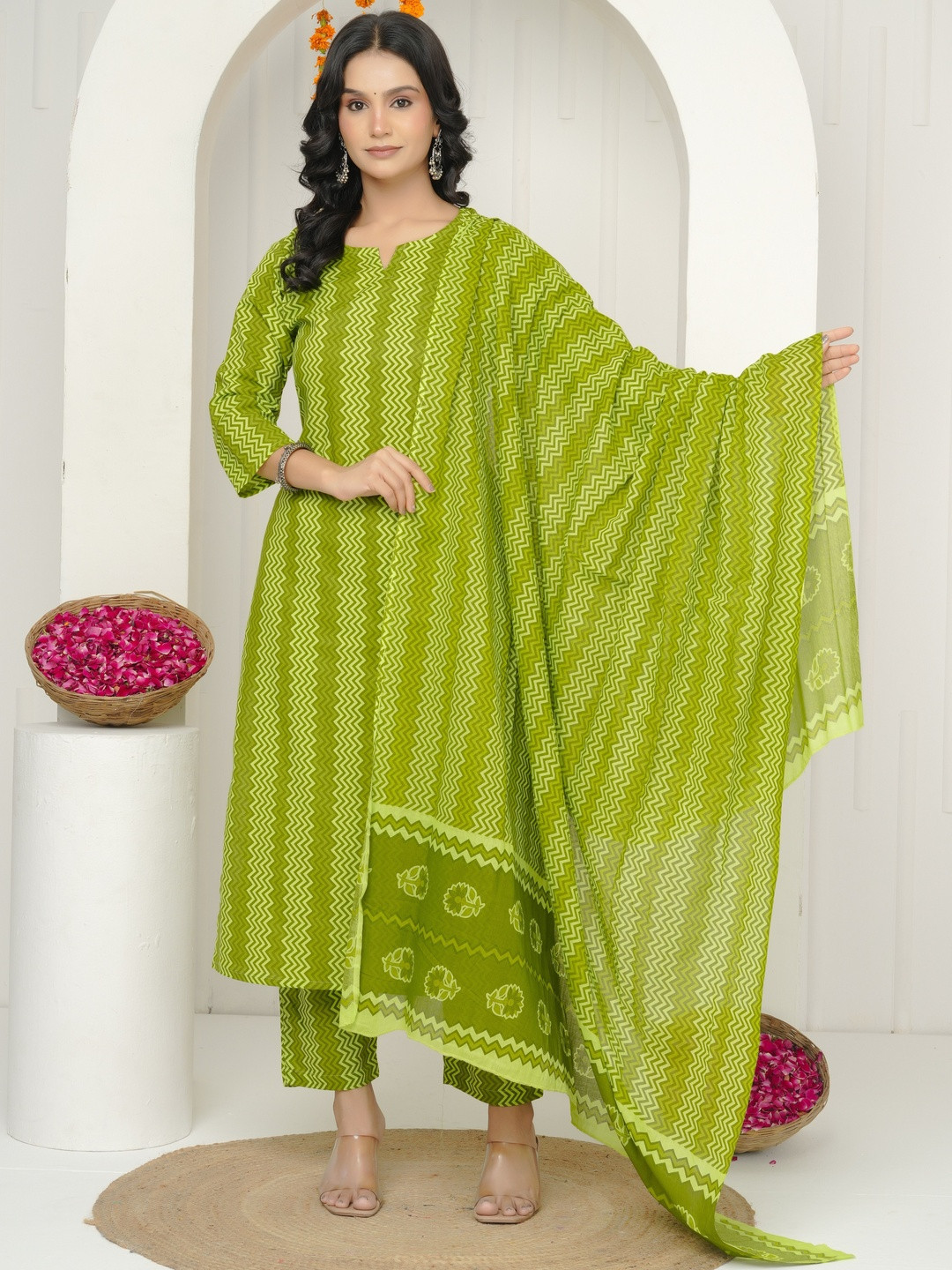 Vestimento Striped Pure Cotton Kurta With Trousers & Dupatta