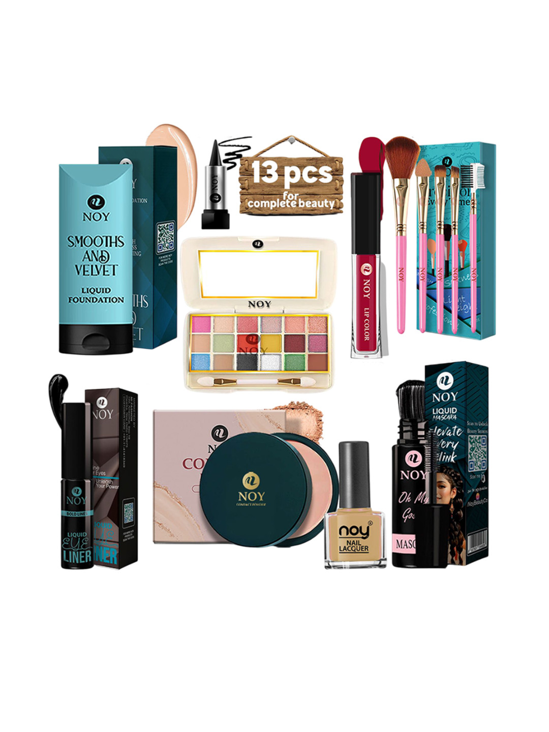 NOY Set Of 13 Foundation- Kajal- Eyeliner- Brush Set- Compact- Nail Polish- Mascara