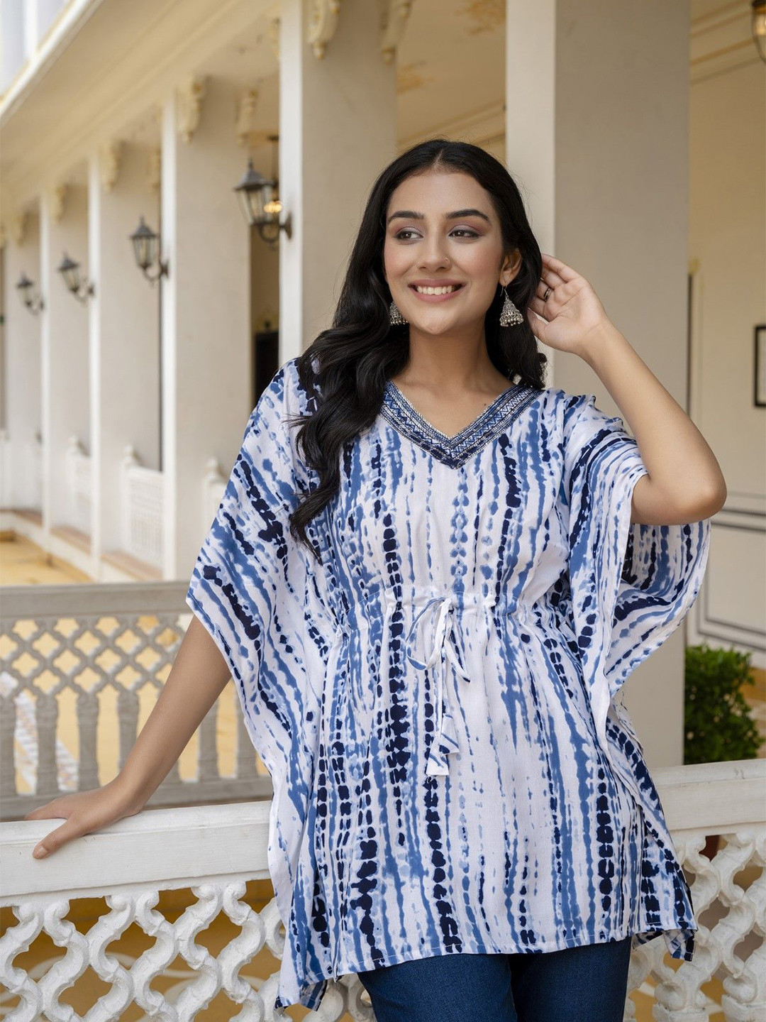Lee Moda Women Tie And Dye Dyed V- Neck Kimono Sleeves Kaftan Top