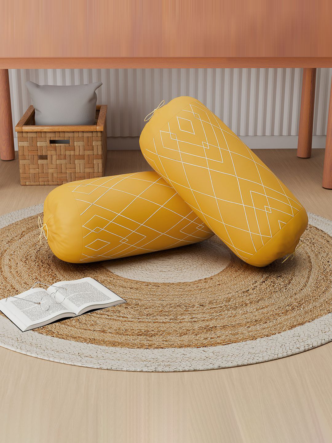 Kuber Industries 2Pcs Yellow 9 Box Checked Diwan Bolster Covers With Drawstring Closure