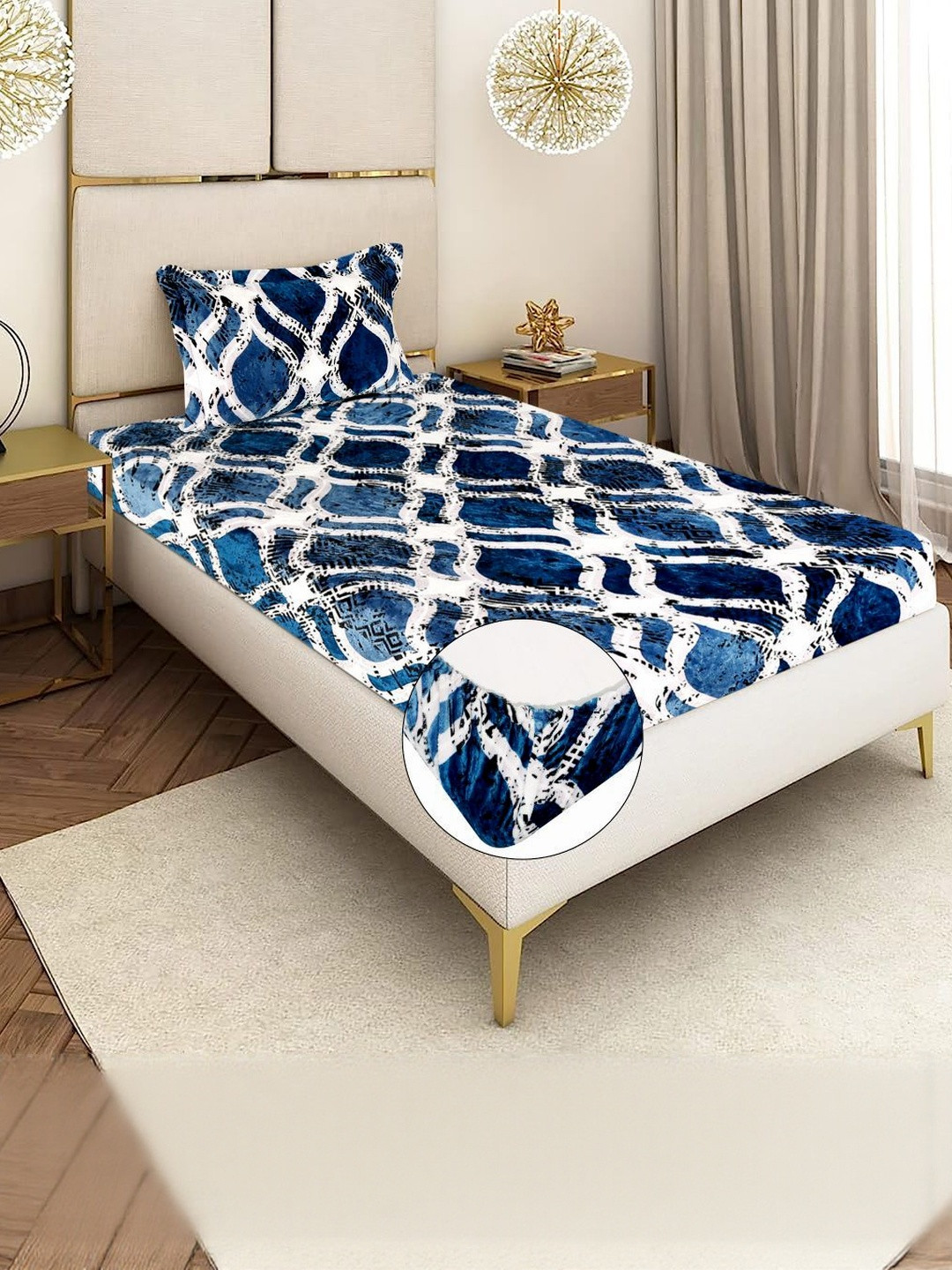 REALDREAM Blue Ethnic Motifs Printed 300 TC King Velvet Bedsheet with 1 Pillow Covers