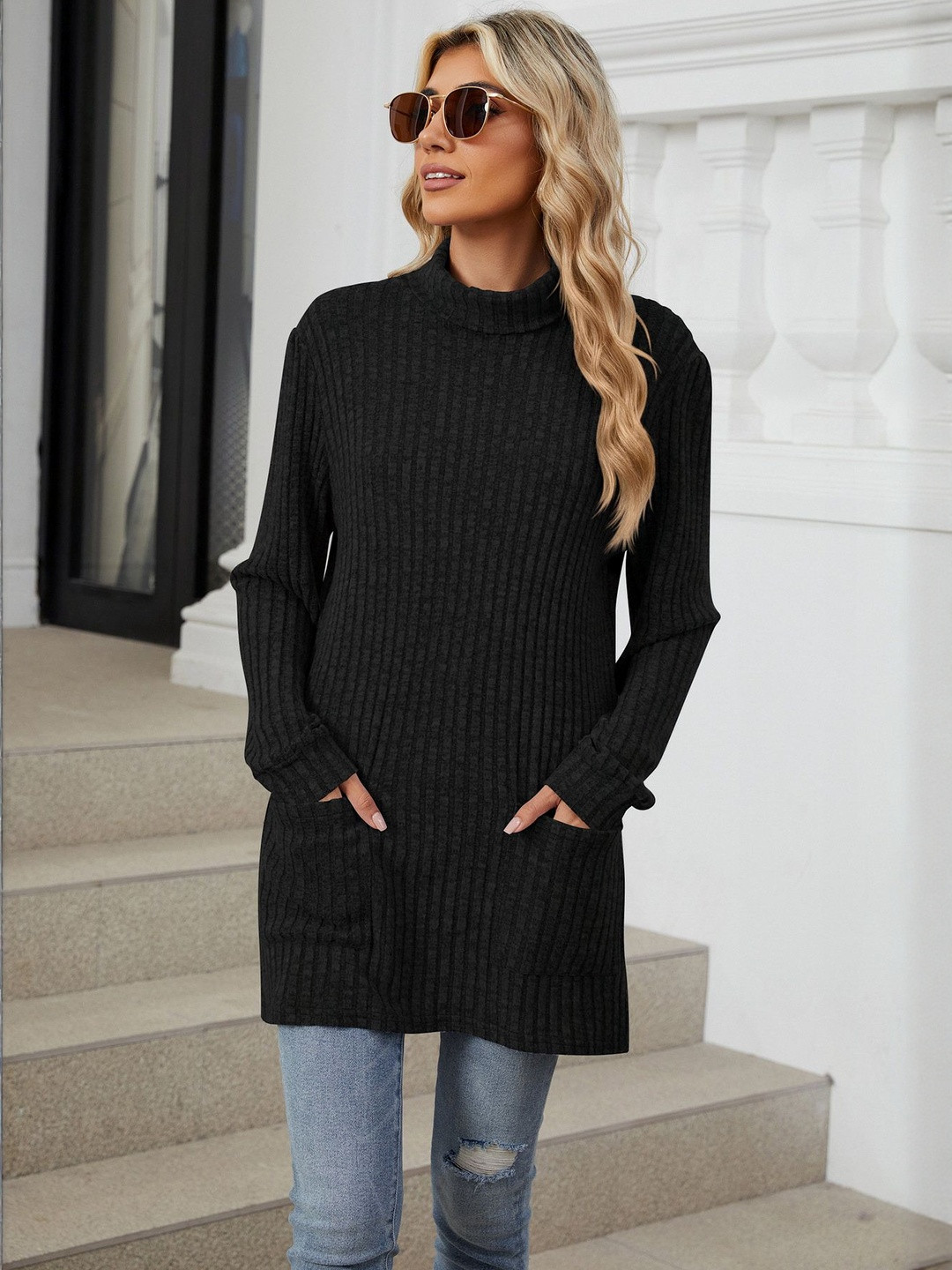 HERE&NOW Women Black Solid Turtle Neck Long Sleeves Casual Sweaters