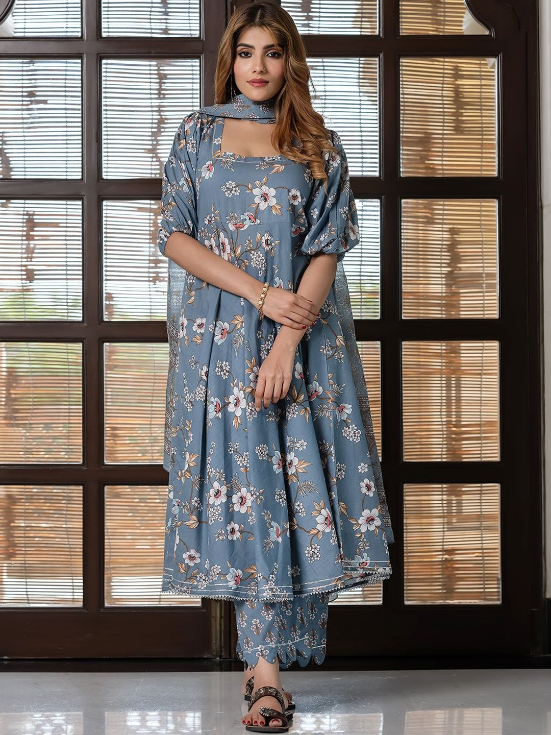 KALINI Women Grey Pure Cotton Three-Quarter Sleeves Kurta Palazzo Dupatta Set