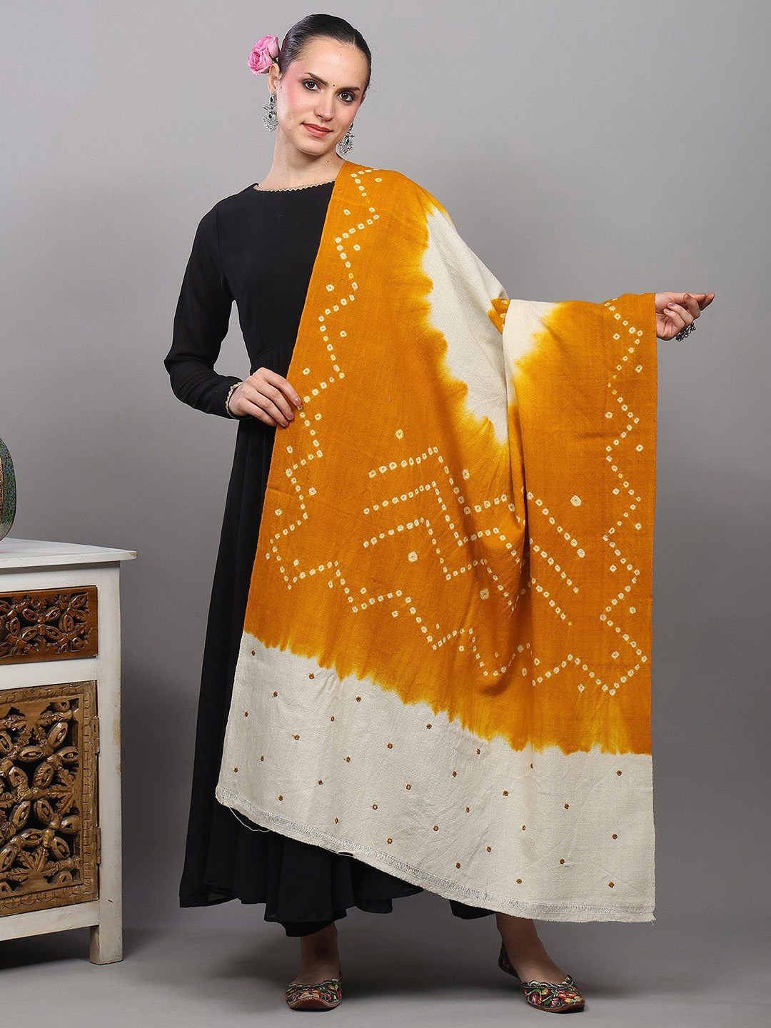 Exotic India Double Shaded Bandhani Tie-Dyed Mirror Work Pure Woollen Shawl