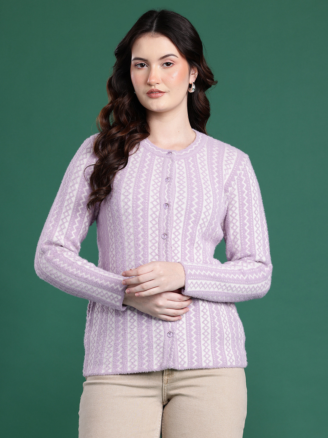 Cayman Self Design Geometric Front-Open Woollen Cardigan