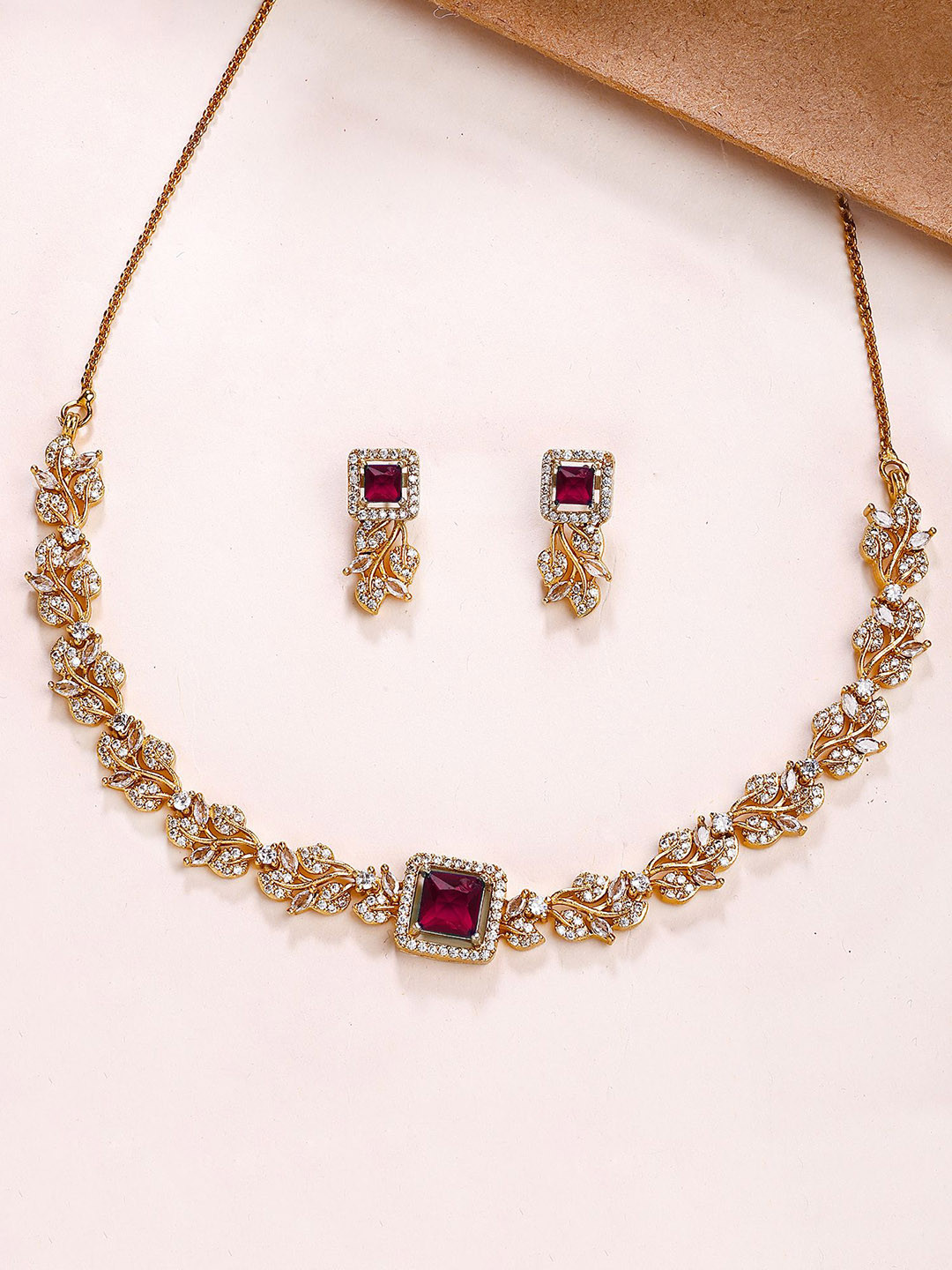 KARATCART Women Gold-Plated Floral Vine Design American Diamond Necklace & Earrings Set