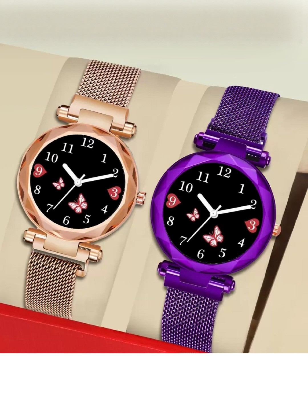SZN Women Set Of 2 Dial & Leather Straps Analogue Watch Mag Flower Gold+PurpleSZNN
