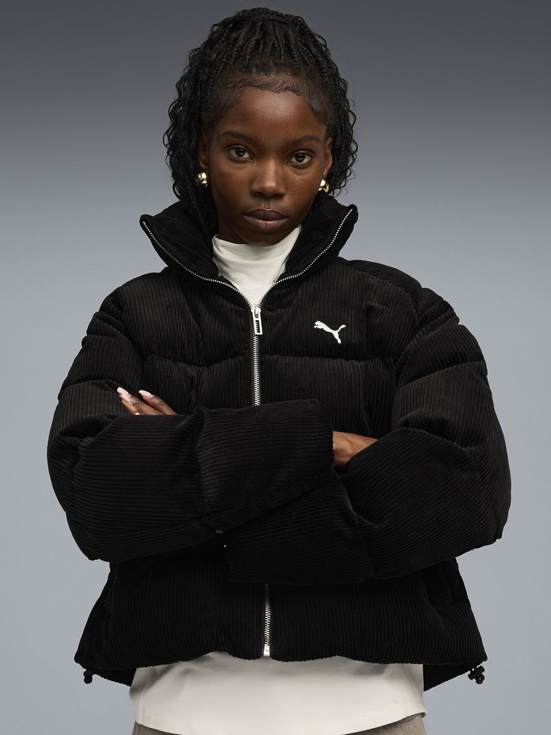 Puma Women Corduroy Mock Collar Solid Puffer Jacket