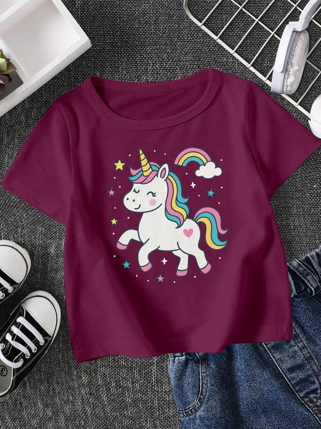 FIONAA TRENDZ Kids Maroon Unicorn Print T-shirt