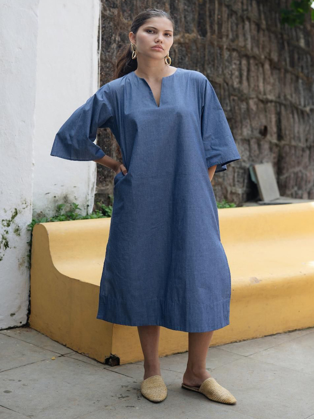 RAAS LIFE Soriee Women V-Neck Flared Sleeves Cotton A-Line Midi Dress