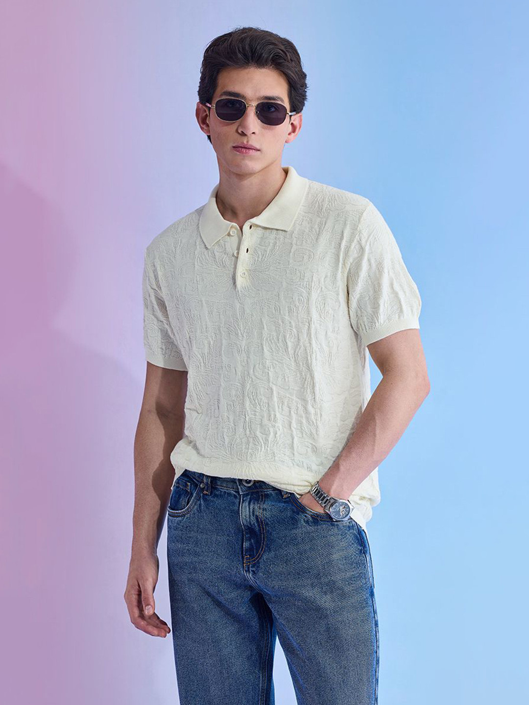 Snitch Utopia Relaxed Fit Jacquard Knitted Polo T-Shirt