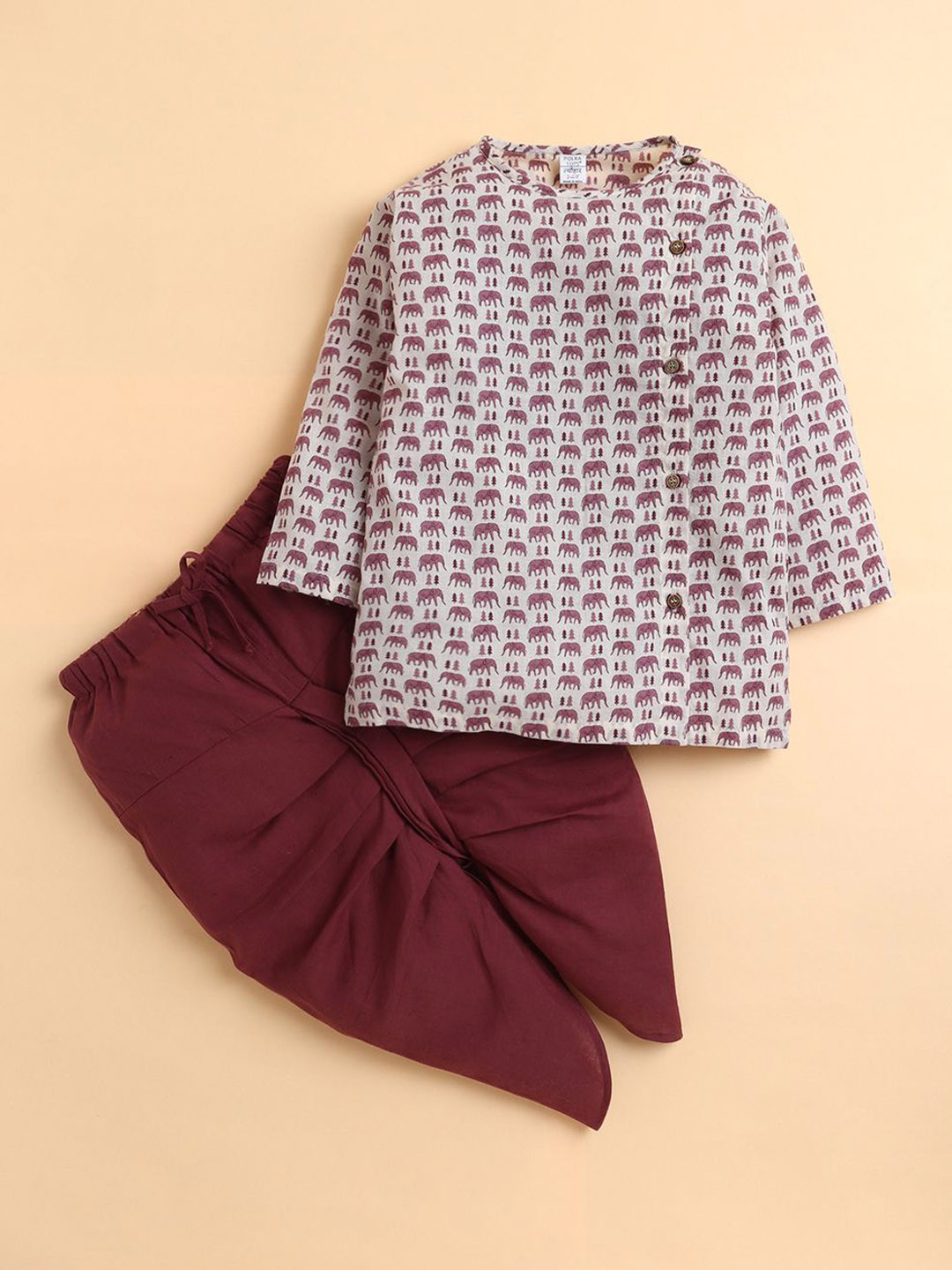 Polka Tots Boys Cotton Woven Full Sleeves Elephants Print Kurta With Dhoti