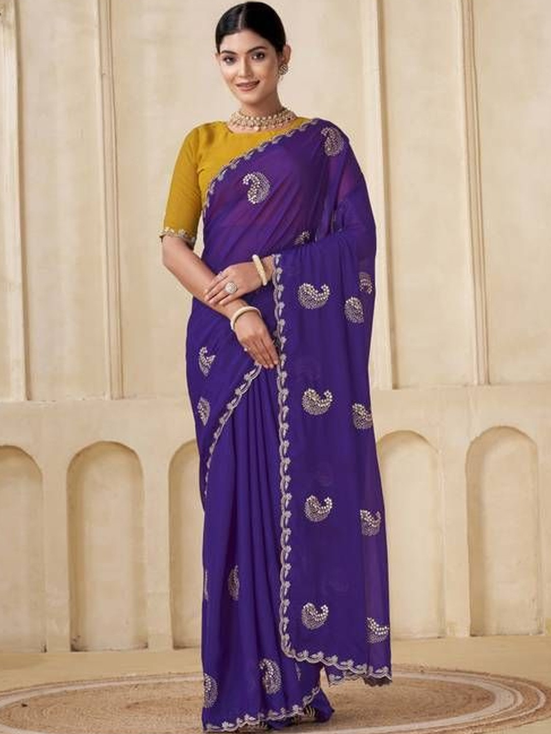 GHAN SALS Paisley Embroidered Pure Georgette Bagh Saree