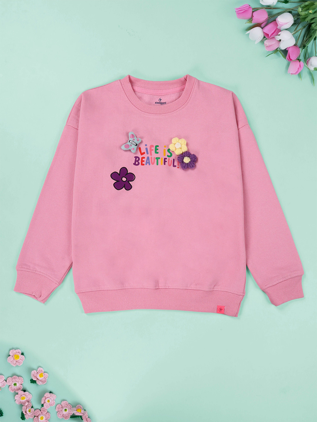 KiddoPanti Girls Floral Embroidered Round Neck Pullover Sweatshirt