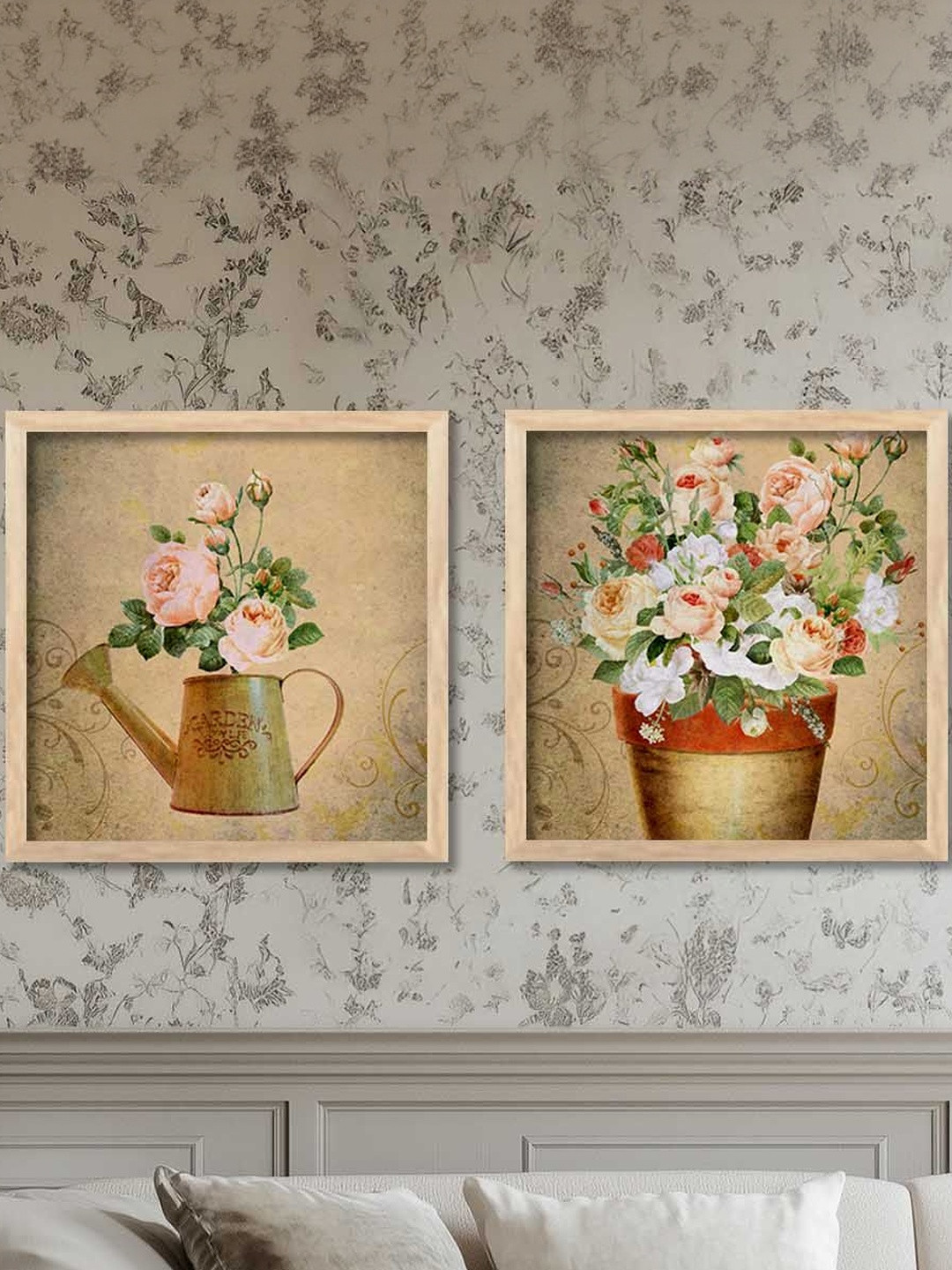 WALLLANE Brown Set of 2 Piece Wood Floral Wall Paintings