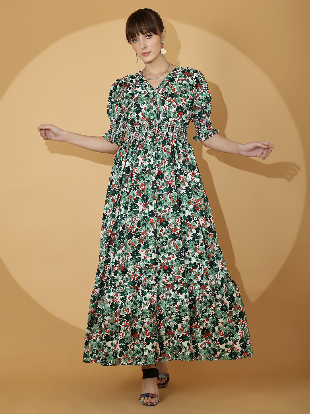 Honky Tonky Women Floral Printed Puff Sleeve Crepe Fit & Flare Maxi Dress